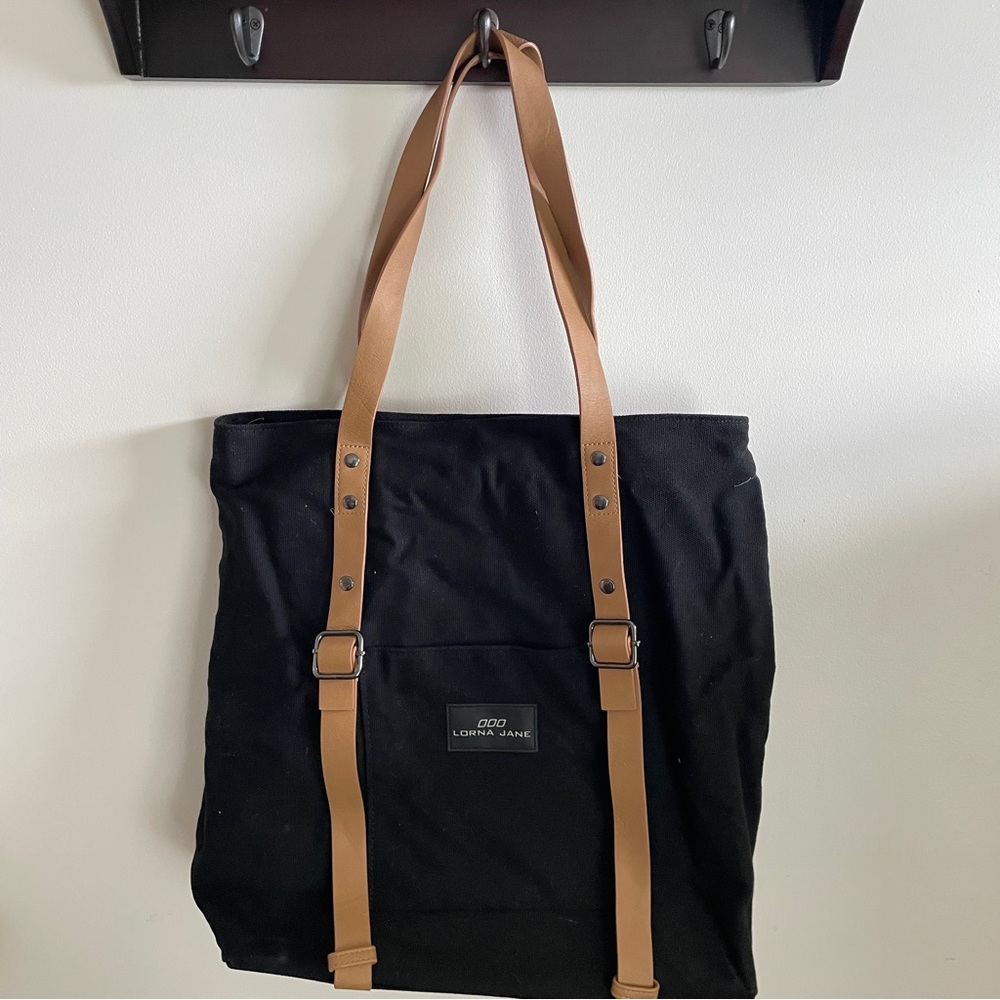 Lorna Jane Black canvas and Brown strap  tote bag